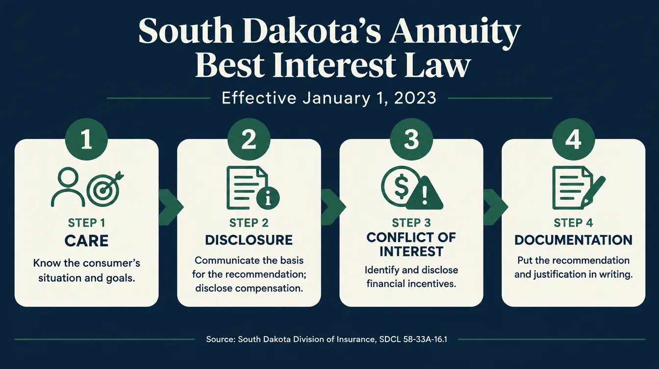 Infographic titled 'South Dakota's Annuity Best Interest Law, Effective January 1, 2023' showing four connected steps a producer must complete before recommending an annuity: Care, meaning know the consumer's situation and goals; Disclosure, meaning communicate the basis for the recommendation and disclose compensation; Conflict of Interest, meaning identify and disclose financial incentives; and Documentation, meaning put the recommendation and its justification in writing, sourced to the South Dakota Division of Insurance, SDCL 58-33A-16.1