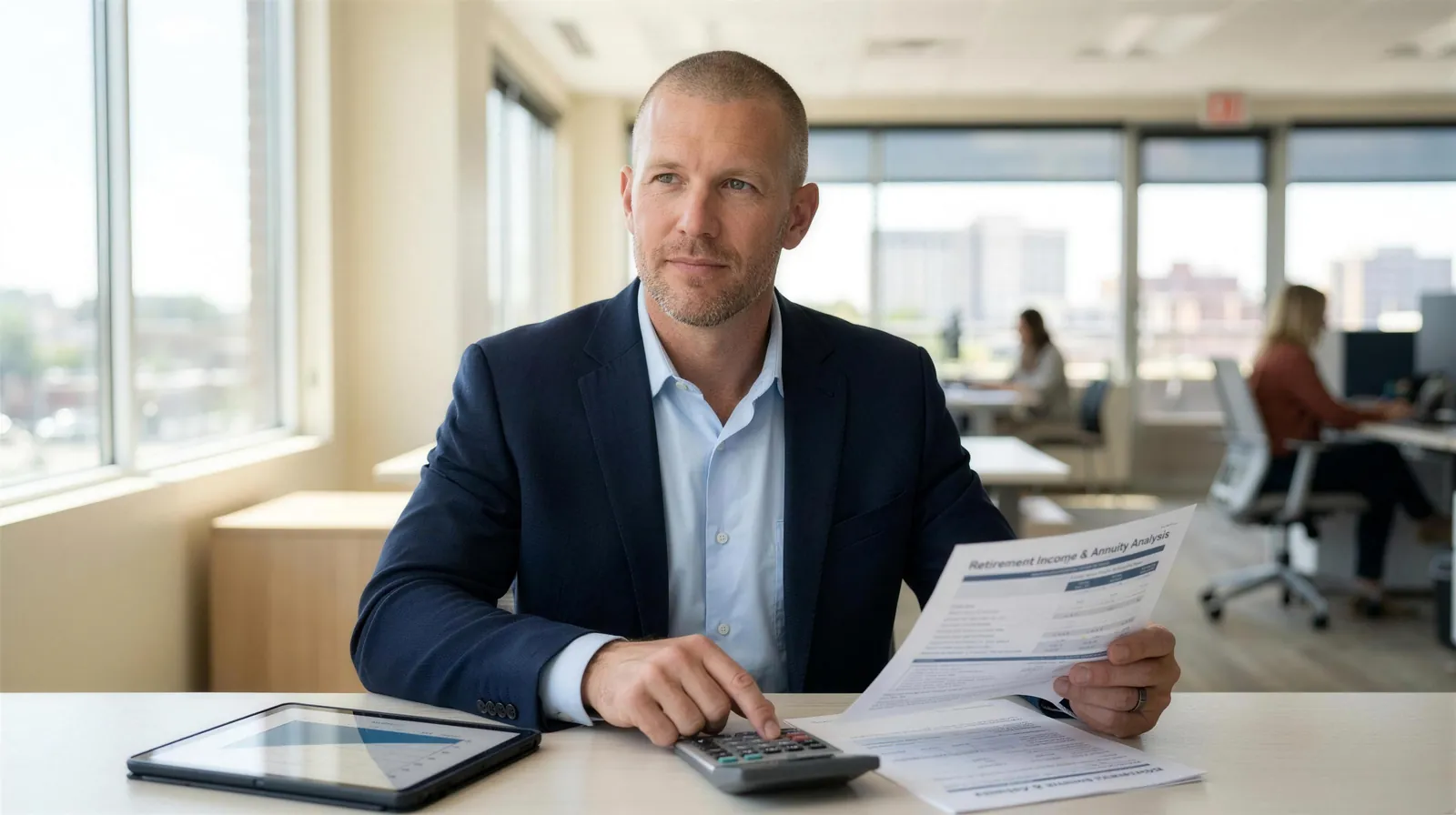 Mike Moore, a life insurance and annuity advisor, reviewing a retirement income and annuity tax worksheet with a calculator and tablet at his desk in a bright office