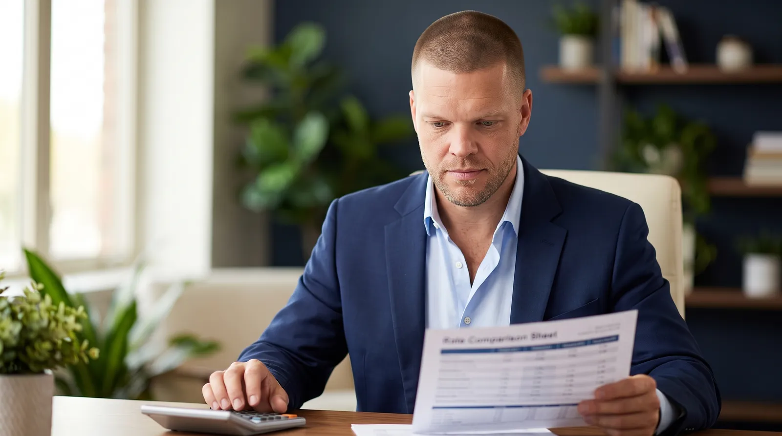 Mike Moore, a life insurance advisor, reviewing a rate comparison at his desk