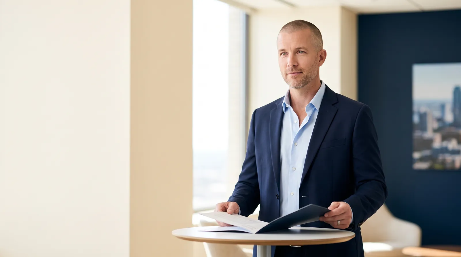 Mike Moore, a life insurance advisor, reviewing a benefits document in a bright office with River Navy accent walls