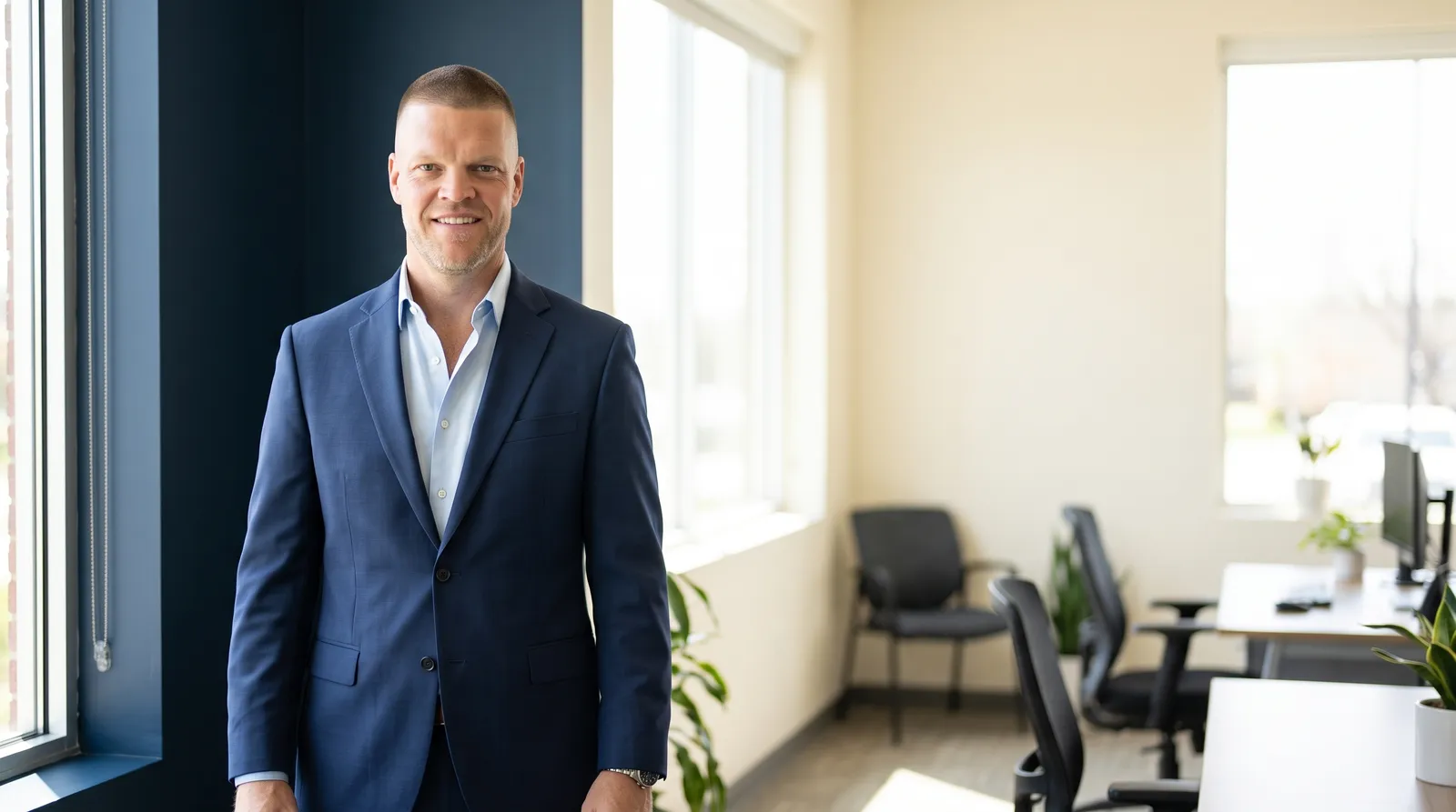 Mike Moore, a life insurance advisor, standing in a bright office with River Navy accent walls