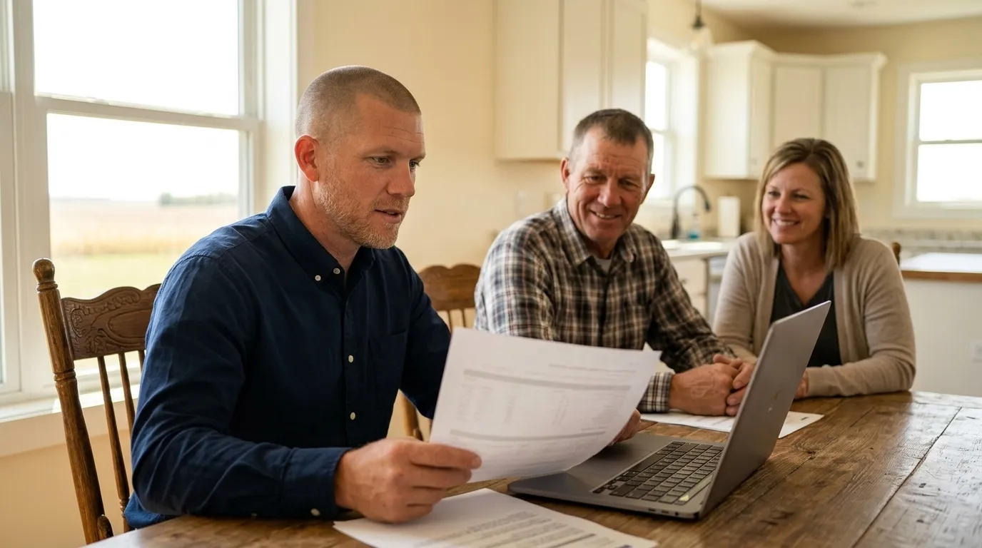 Mike Moore, a life insurance advisor, talking with a South Dakota farm couple at a kitchen table with a laptop and land documents