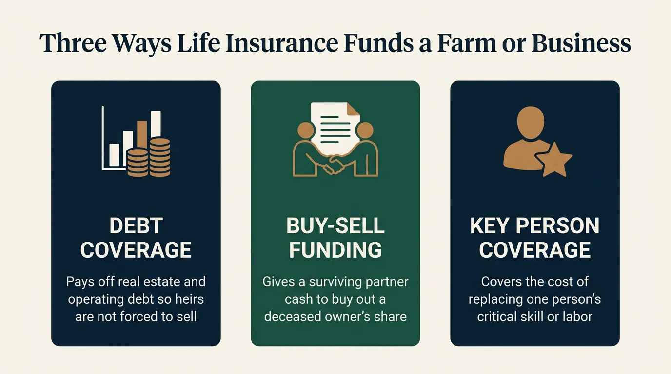 Infographic titled Three Ways Life Insurance Funds a Farm or Business, showing three cards: Debt Coverage, which pays off real estate and operating debt so heirs are not forced to sell; Buy-Sell Funding, which gives a surviving partner cash to buy out a deceased owner's share; and Key Person Coverage, which covers the cost of replacing one person's critical skill or labor