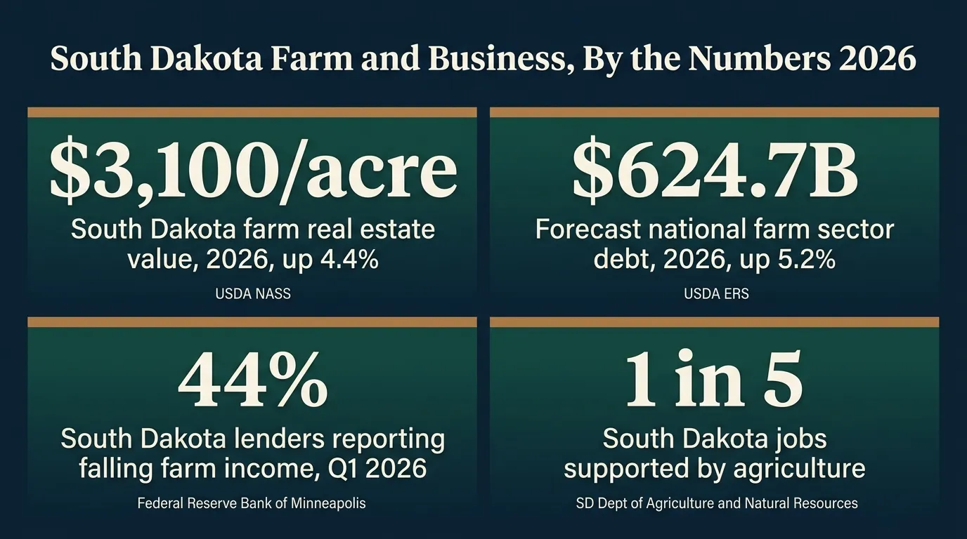Stat card titled South Dakota Farm and Business, By the Numbers 2026, showing four figures: South Dakota farm real estate averaged 3,100 dollars per acre in 2026, up 4.4 percent, per USDA NASS; national farm sector debt is forecast at 624.7 billion dollars in 2026, up 5.2 percent, per USDA ERS; 44 percent of South Dakota lenders reported falling farm income in Q1 2026, per the Federal Reserve Bank of Minneapolis; and agriculture supports about 1 in 5 South Dakota jobs, per the South Dakota Department of Agriculture and Natural Resources