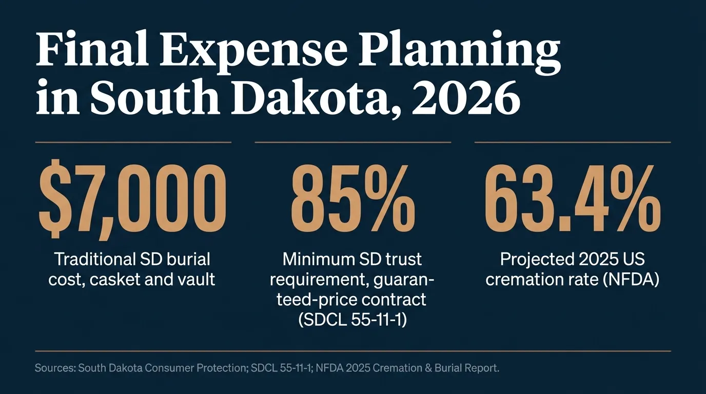Stat card titled Final Expense Planning in South Dakota, 2026 showing three figures: 7,000 dollars approximate cost of a traditional South Dakota burial with casket and vault, 85 percent minimum trust requirement for a guaranteed price prearranged funeral contract, and 63.4 percent projected 2025 US cremation rate, sourced to South Dakota Consumer Protection, South Dakota Codified Law 55-11-1, and the National Funeral Directors Association 2025 Cremation and Burial Report