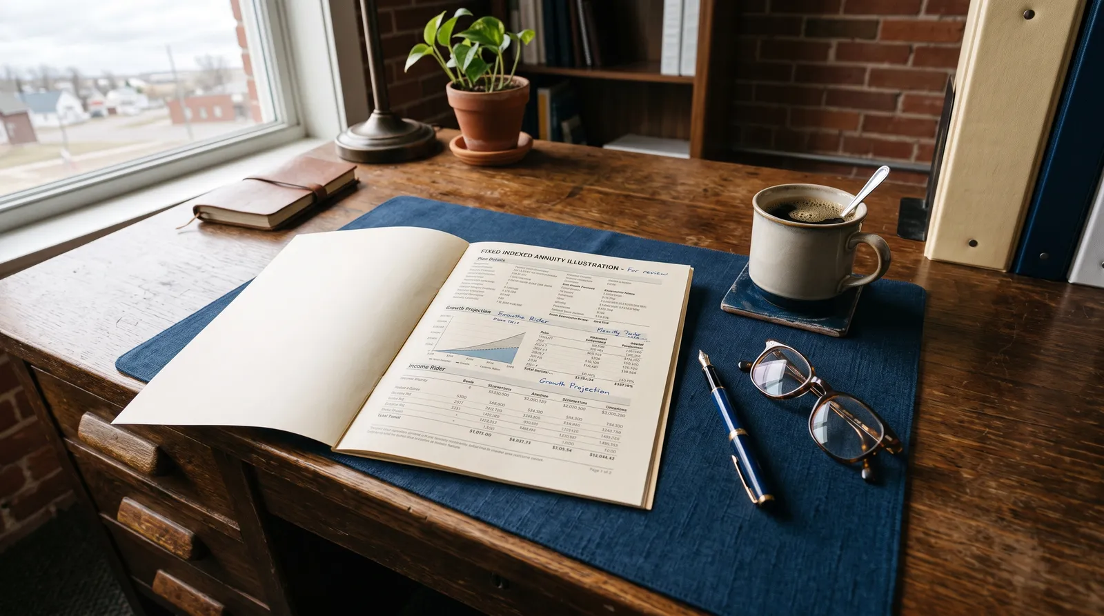 A fixed indexed annuity illustration open on a wooden desk beside reading glasses, a pen and a cup of coffee in a South Dakota office