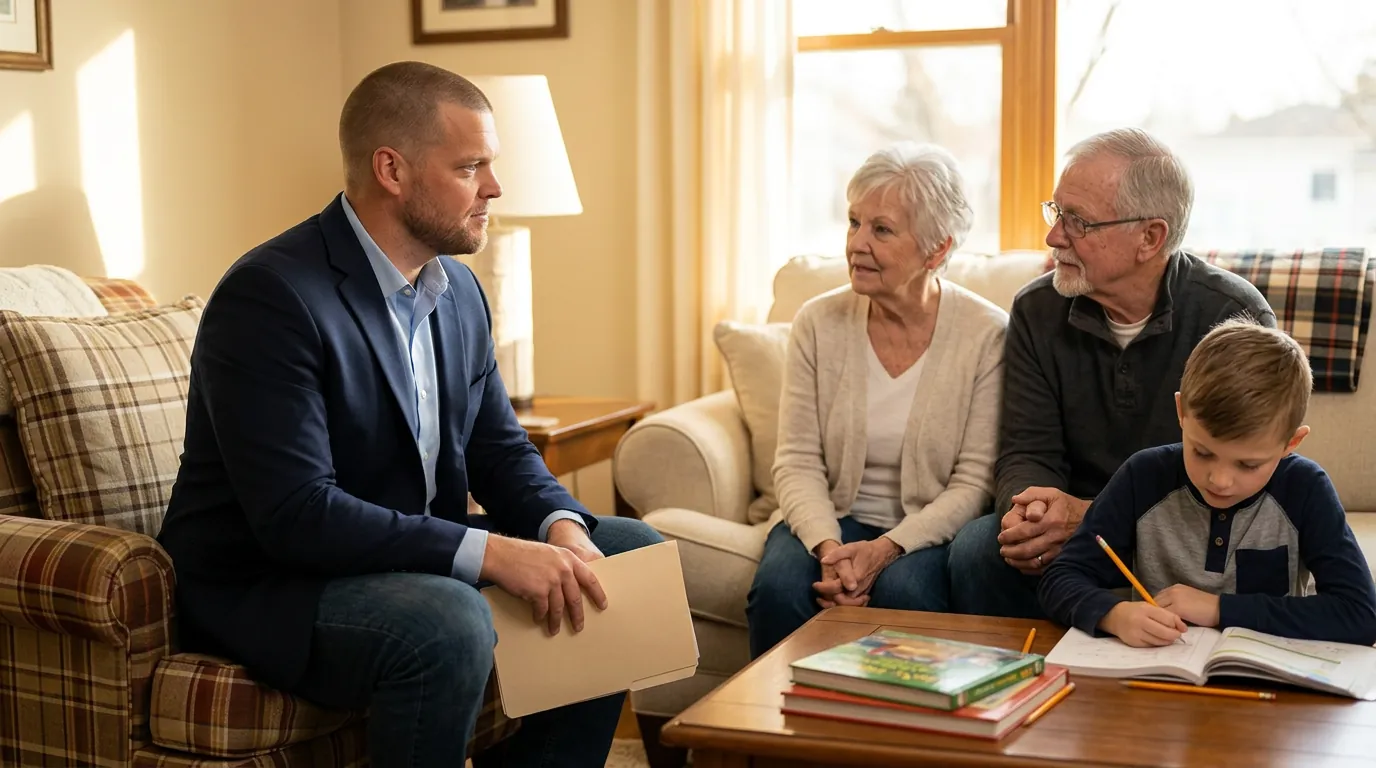Mike Moore of Big Sioux Life talking with grandparents in their living room while their grandson does homework at the coffee table