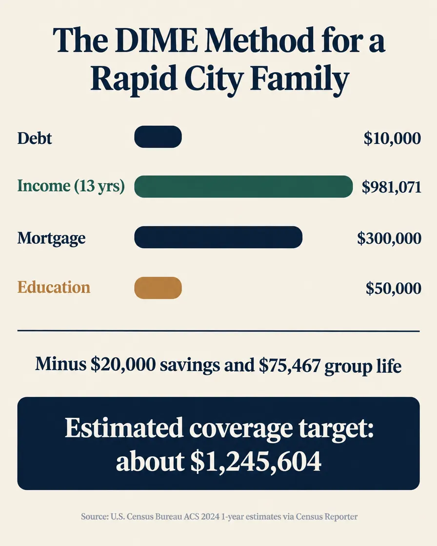 Infographic titled 'The DIME Method for a Rapid City Family' showing four labeled buckets that add up to a coverage target: Debt 10,000 dollars, Income 981,071 dollars based on 75,467 dollars a year for 13 years, Mortgage 300,000 dollars, and Education 50,000 dollars, totaling 1,341,071 dollars, minus 20,000 dollars in savings and a 75,467 dollar employer group policy, for an estimated coverage target near 1,245,604 dollars, sourced to U.S. Census Bureau ACS 2024 1-year estimates for the income and home value inputs