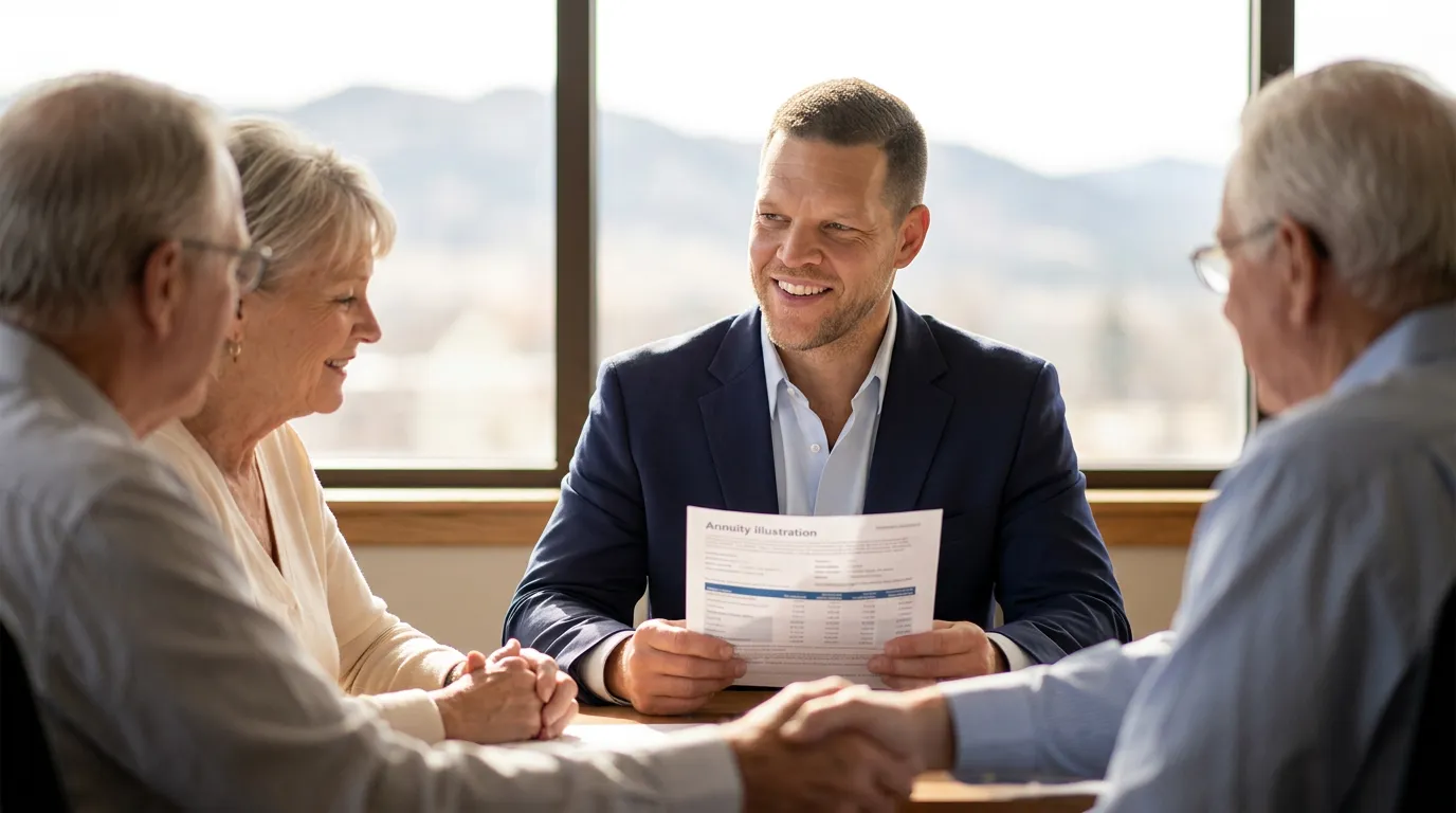 A retired couple reviewing an immediate income annuity illustration at a kitchen table with the Black Hills visible through the window, representing a Rapid City retirement income decision