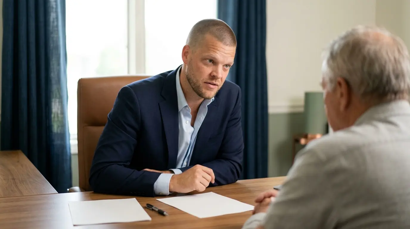 Mike Moore, a life insurance and annuity advisor, reviewing a retirement account withdrawal timeline with an older client at his desk in a South Dakota office