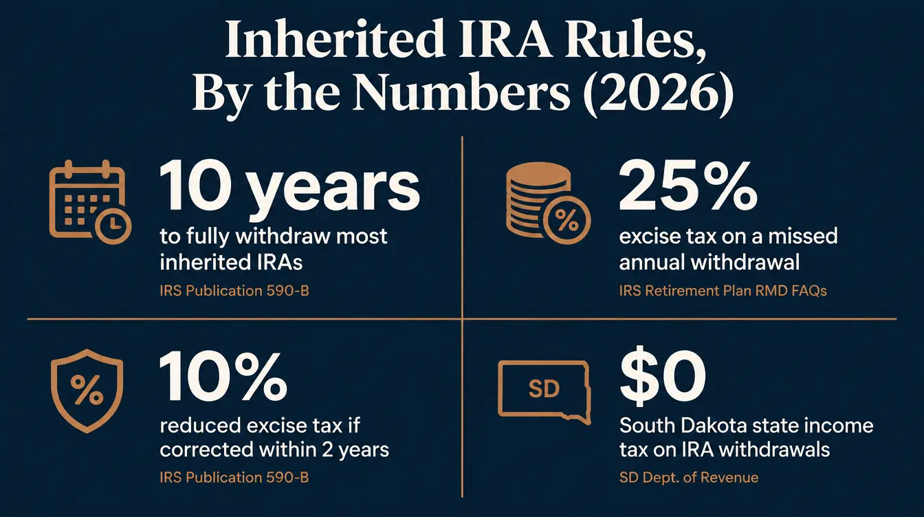 Stat card titled 'Inherited IRA Rules, By the Numbers (2026)' showing four figures: 10 years to fully withdraw most inherited IRAs, source IRS Publication 590-B; 25 percent excise tax on a missed annual withdrawal, source IRS Retirement Plan RMD FAQs; 10 percent reduced excise tax if corrected within 2 years, source IRS Publication 590-B; and 0 dollars South Dakota state income tax on IRA withdrawals, source SD Dept. of Revenue
