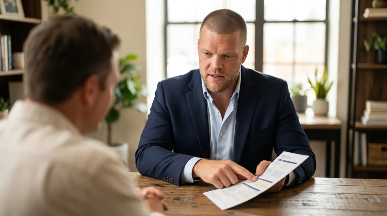 Mike Moore, a life insurance advisor, sitting across a desk from a client and pointing to a printed policy illustration while reviewing indexed universal life insurance terms together
