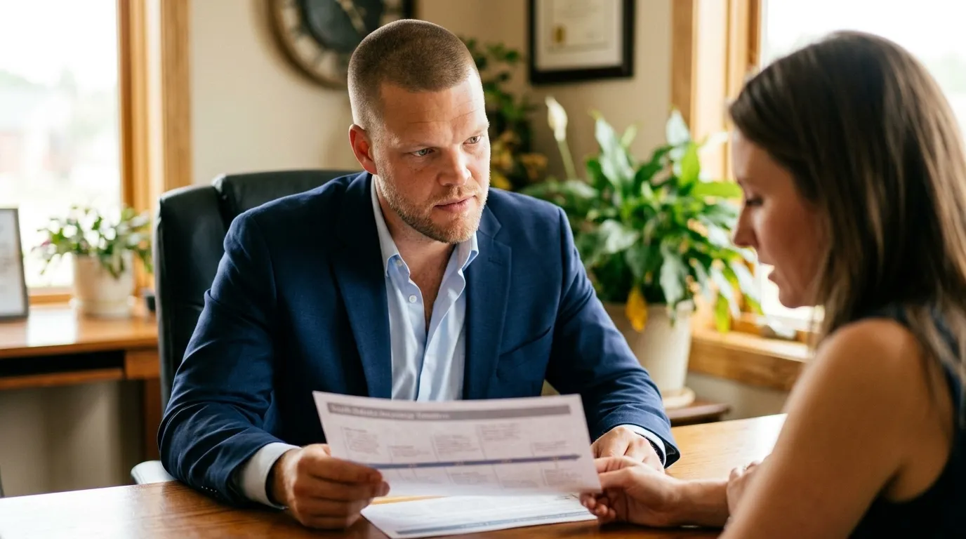 Mike Moore of Big Sioux Life sitting at a desk with a client reviewing a short medication and treatment timeline sheet, calm natural light in a South Dakota office