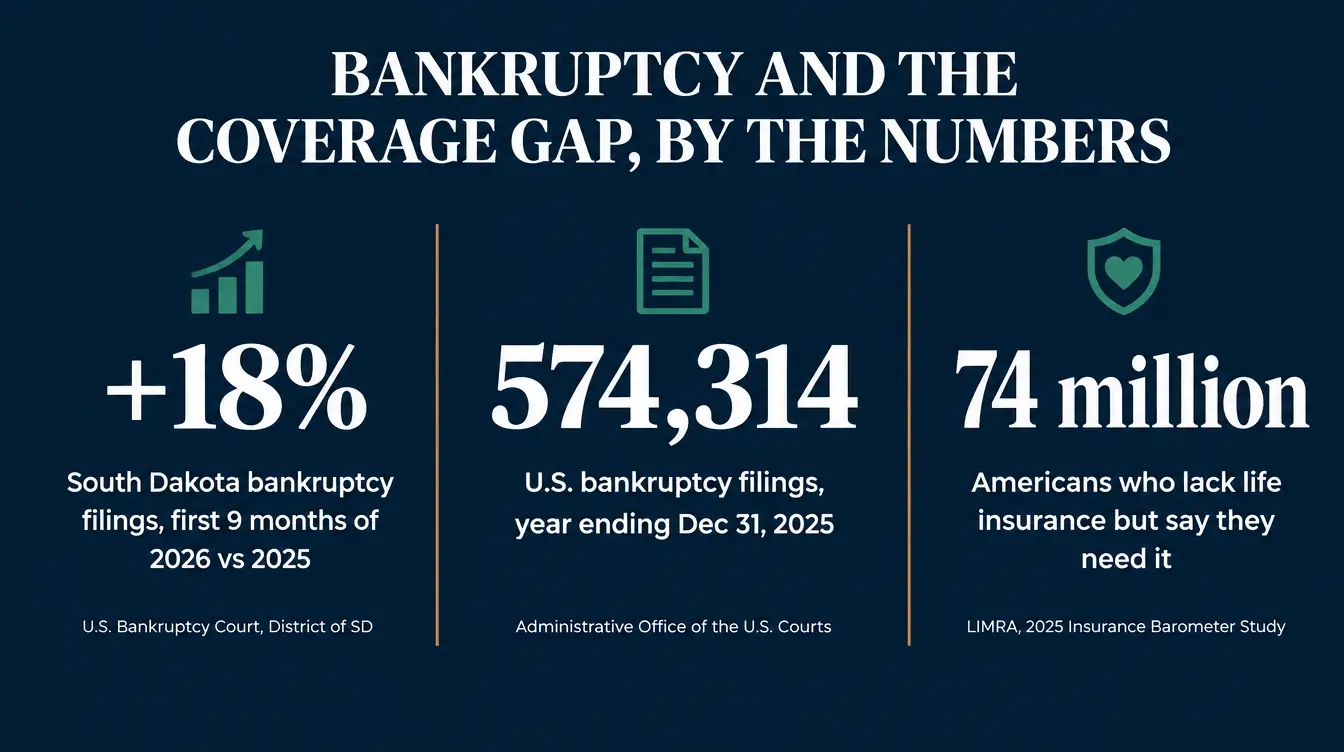 Stat card titled 'Bankruptcy and the Coverage Gap, By the Numbers' showing three figures: South Dakota bankruptcy filings up 18 percent in the first nine months of 2026 versus 2025, U.S. bankruptcy filings up 11 percent to 574,314 in 2025, and 74 million Americans who lack life insurance but say they need it, sourced to the U.S. Bankruptcy Court for the District of South Dakota, the Administrative Office of the U.S. Courts, and LIMRA