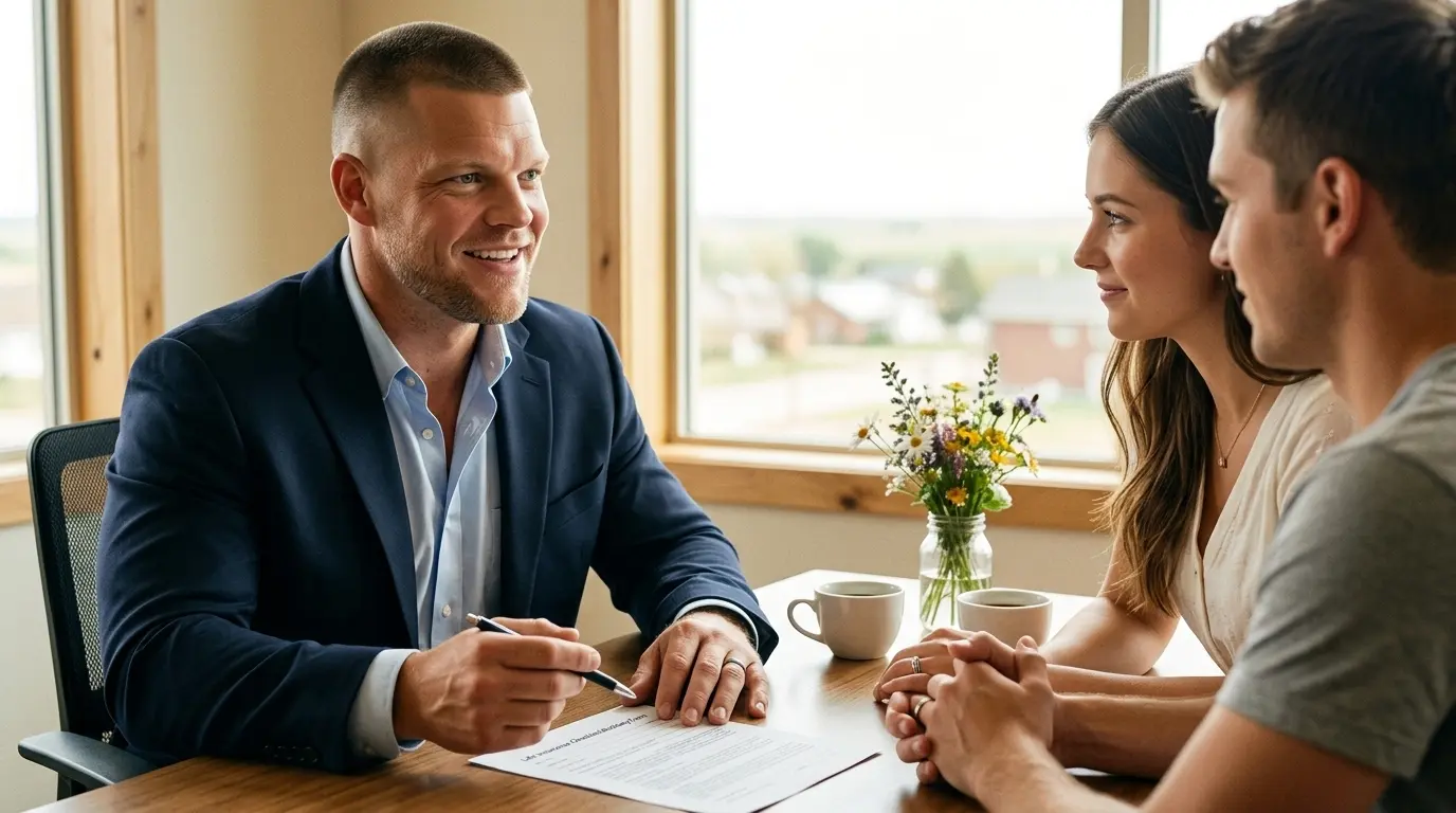 Mike Moore, a life insurance advisor, reviewing a beneficiary designation checklist with a newly married couple at a table in a South Dakota office, with a small vase of flowers and two wedding rings visible on the table