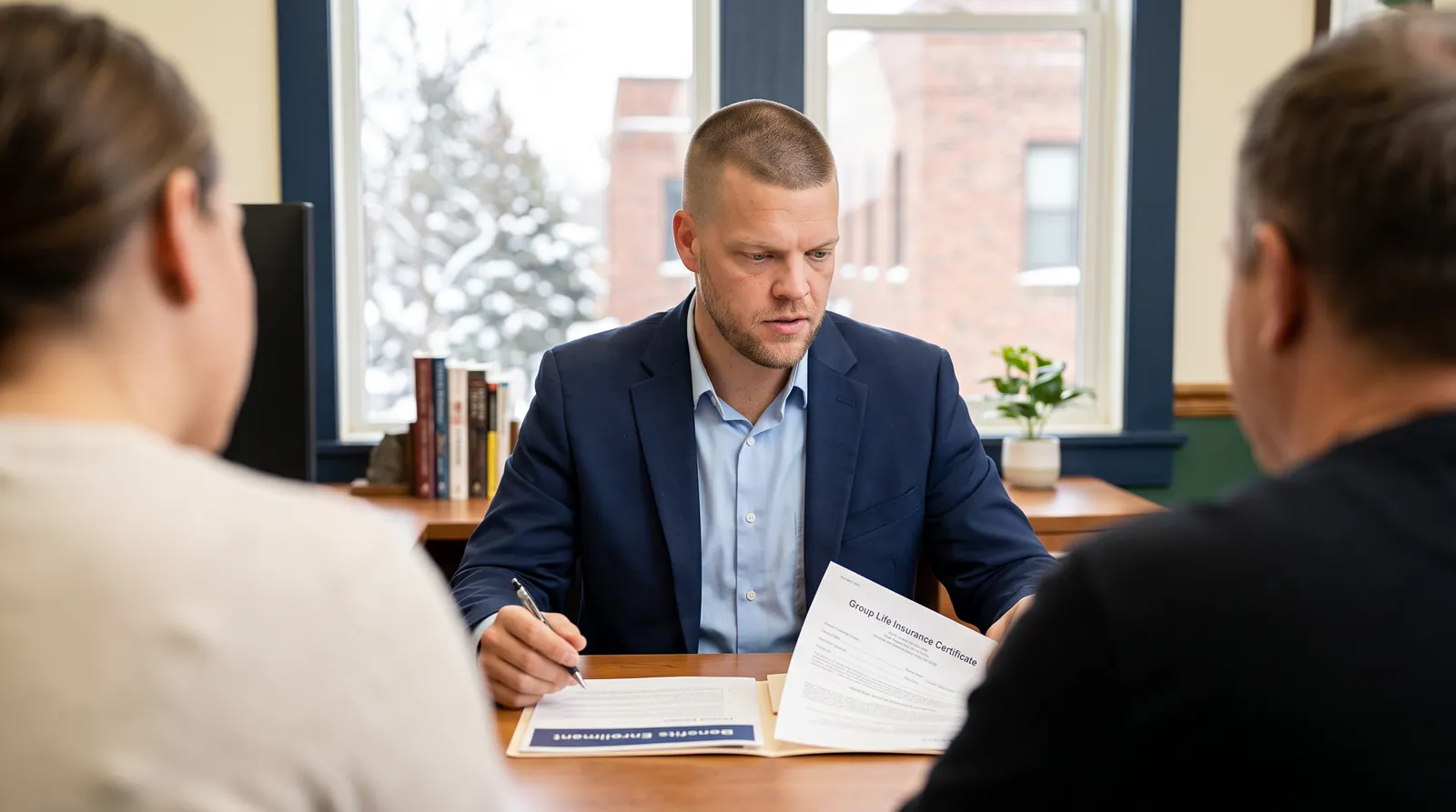 Mike Moore, a life insurance advisor, reviewing a benefits enrollment folder with a South Dakota client at his desk