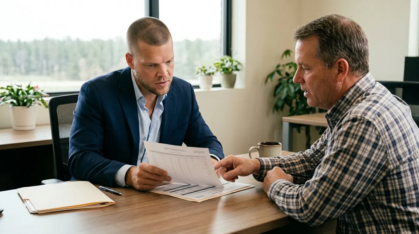 Mike Moore, a life insurance advisor, reviewing a CPAP compliance printout with a client at a desk in a South Dakota office