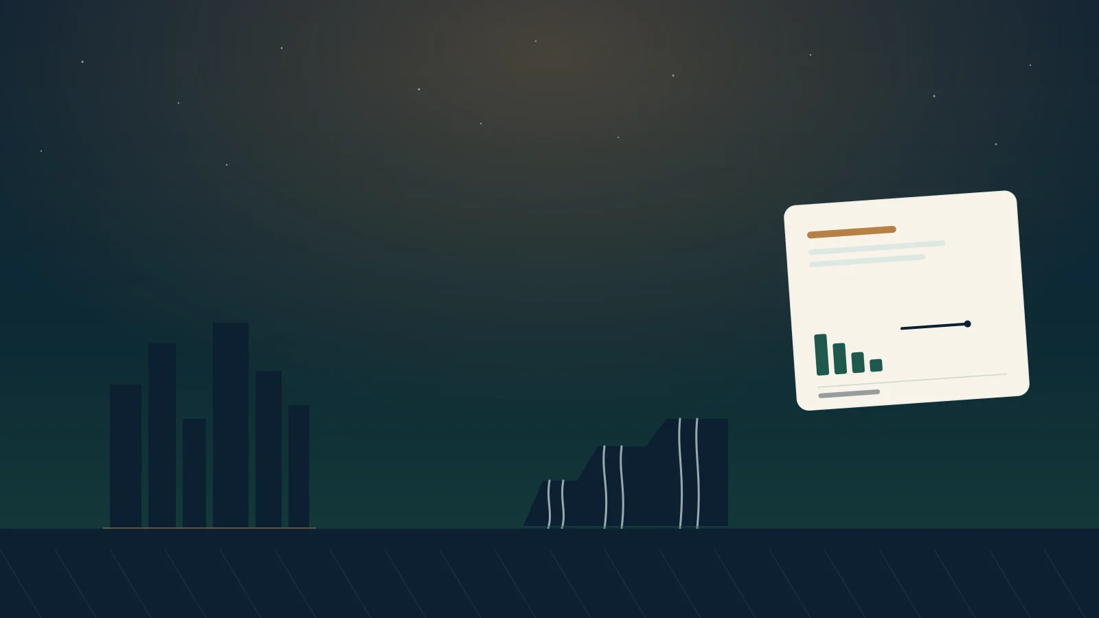Editorial illustration of a Sioux Falls, South Dakota home silhouette at dusk beside the falls, with a floating document card showing a simple declining and level coverage line, symbolizing sizing mortgage protection against a real loan balance