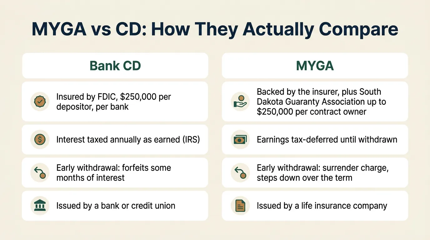 Infographic titled 'MYGA vs CD: How They Actually Compare' with a two-column table. CD column: insured by FDIC up to 250,000 dollars per depositor per bank; interest taxed annually as earned, per IRS; early withdrawal usually forfeits some months of interest. MYGA column: backed by the insurer, backstopped by the state guaranty association up to 250,000 dollars per contract owner in South Dakota; earnings tax-deferred until withdrawn; early withdrawal triggers a surrender charge that steps down over the term.