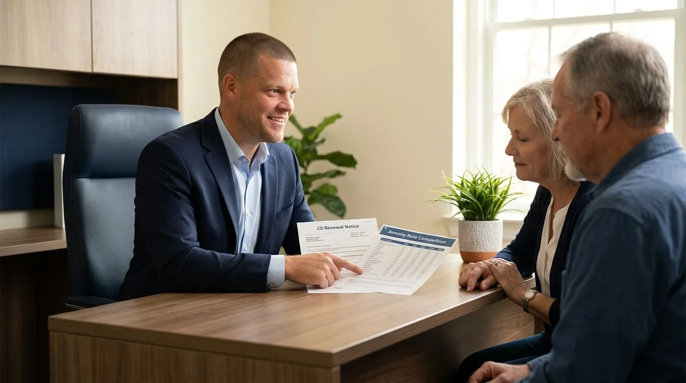 Mike Moore, a life insurance and annuity advisor, reviewing a CD renewal notice and an annuity rate sheet with a retired couple at his desk