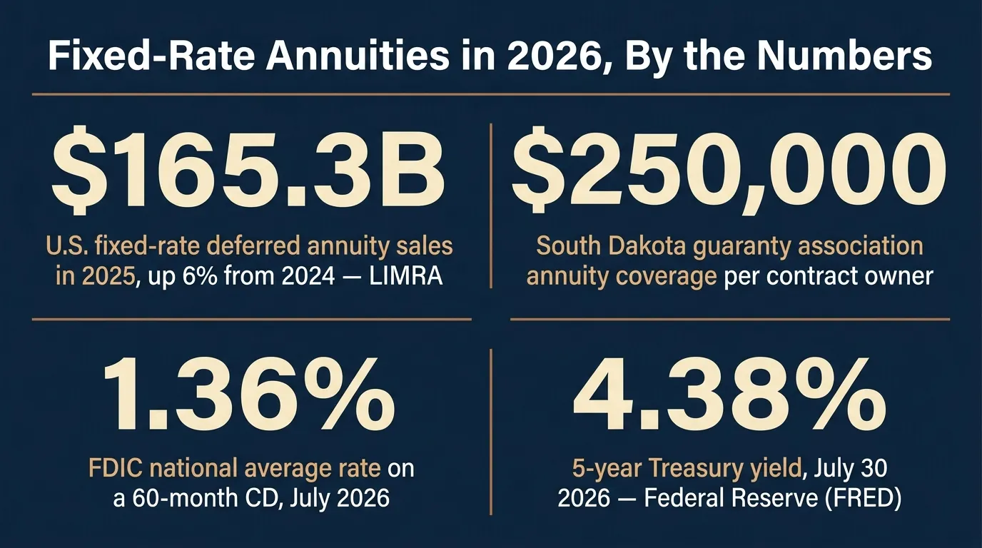 Stat card titled 'Fixed-Rate Annuities in 2026, By the Numbers' showing four figures: 165.3 billion dollars in U.S. fixed-rate deferred annuity sales in 2025, up 6 percent from 153.2 billion in 2024, per LIMRA; 250,000 dollars in South Dakota guaranty association annuity coverage per contract owner, per the South Dakota Life and Health Insurance Guaranty Association; 1.36 percent, the FDIC national average rate on a 60-month CD in July 2026; and 4.38 percent, the 5-year Treasury yield on July 30, 2026, per the Federal Reserve.