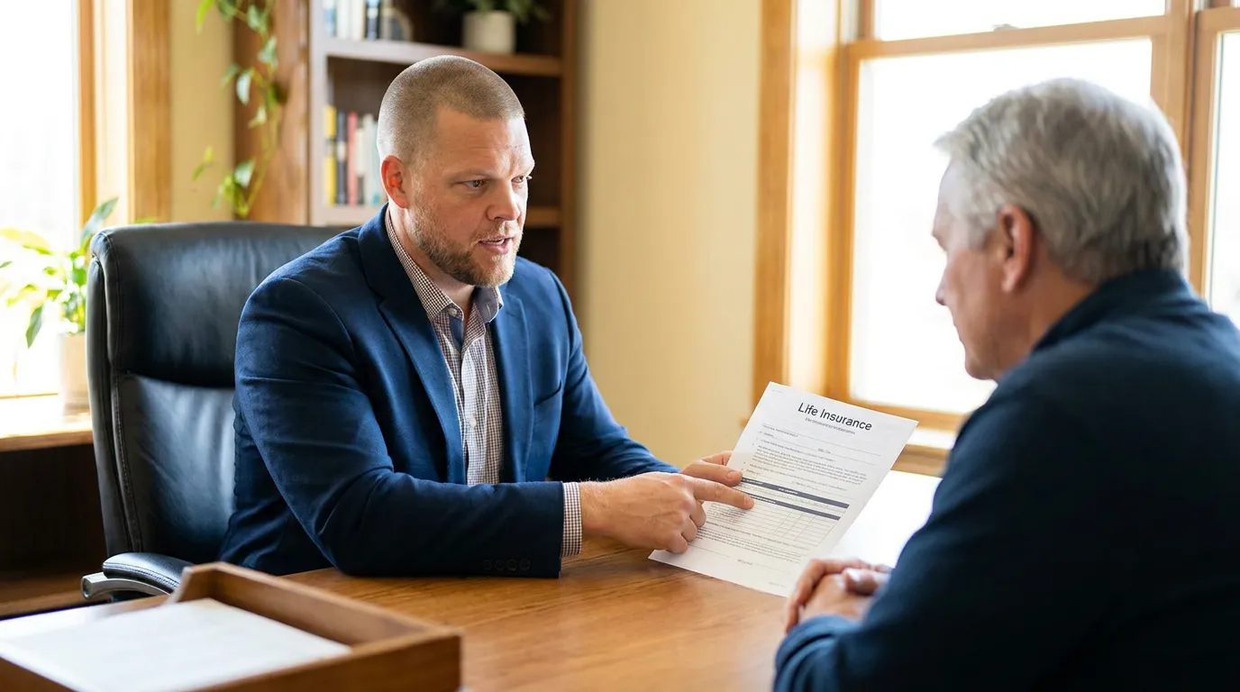 Mike Moore, a life insurance advisor, explaining no-medical-exam life insurance options to a South Dakota client at his desk