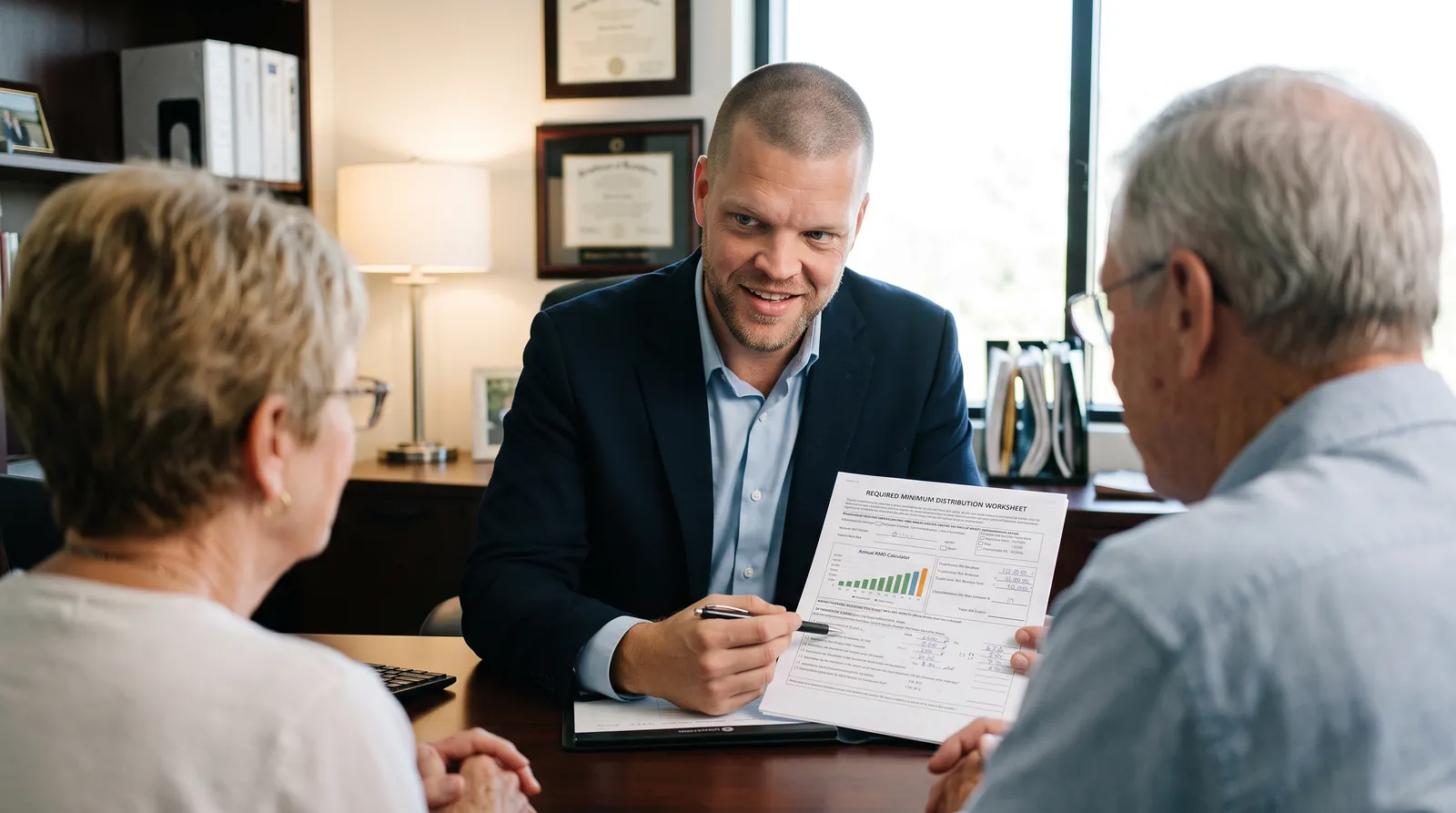 Mike Moore, a life insurance and annuity advisor, reviewing a required minimum distribution worksheet with a retired South Dakota couple at his desk
