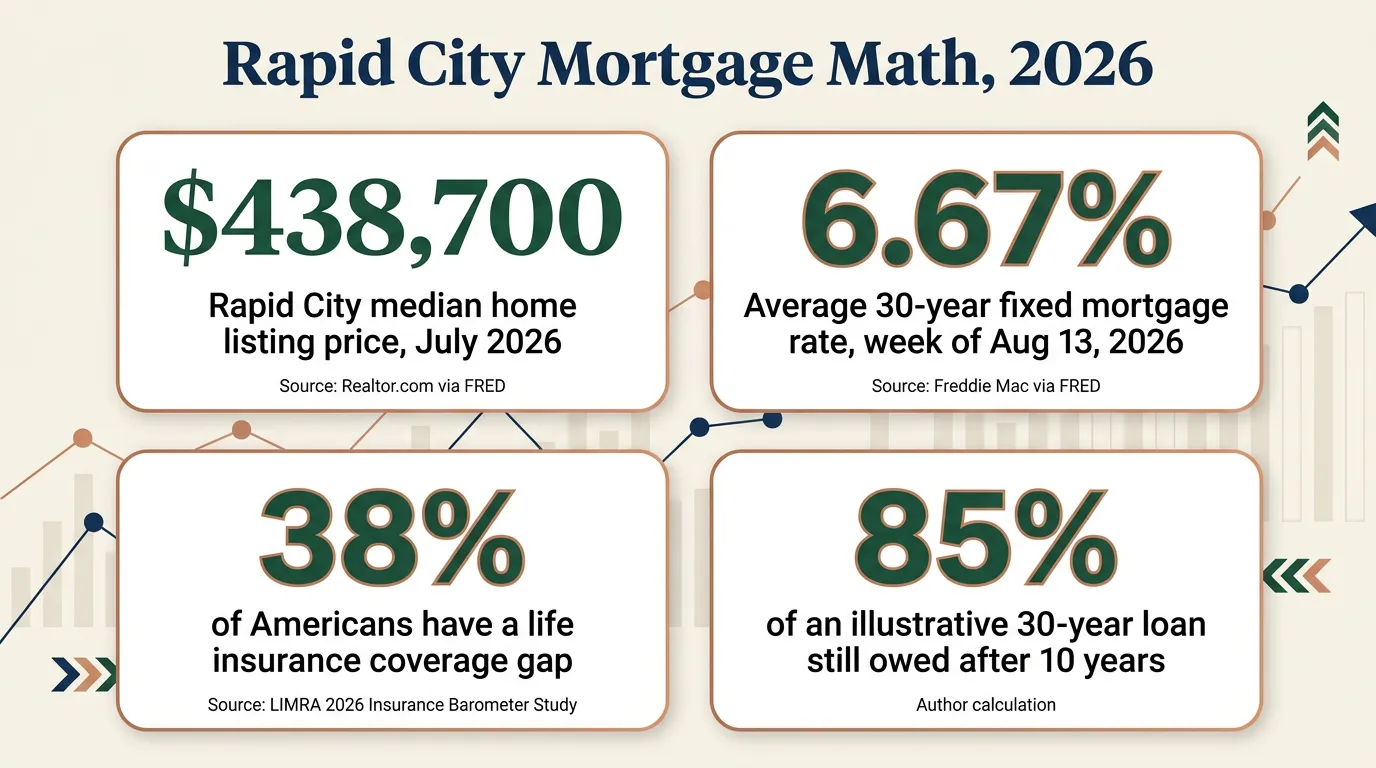 Stat card titled Rapid City Mortgage Math, 2026, showing four figures: median home listing price 438,700 dollars in July 2026, source Realtor.com via FRED; average 30 year mortgage rate 6.67 percent for the week of August 13, 2026, source Freddie Mac via FRED; 38 percent of Americans have a life insurance coverage gap, source LIMRA 2026 Insurance Barometer Study; and 85 percent of an illustrative loan balance still owed after 10 years on a 30 year fixed loan, author's amortization calculation