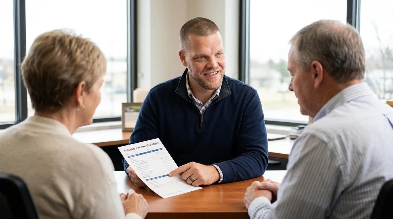 Mike Moore, a life insurance and annuity advisor, reviewing a retirement income worksheet with a South Dakota couple at his desk