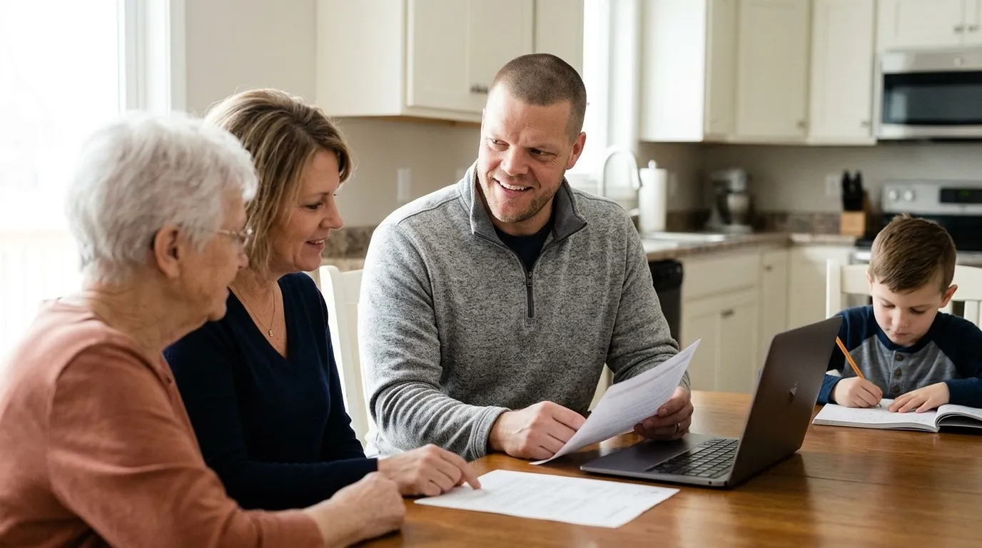 Mike Moore of Big Sioux Life at a kitchen table in a South Dakota home, reviewing paperwork with a middle-aged woman while her elderly mother and young son sit nearby