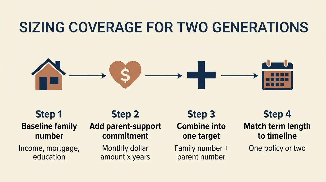 Infographic titled Sizing Coverage for Two Generations showing four steps: step one baseline family number covering income mortgage and education, step two add parent-support commitment as a monthly dollar amount times years, step three combine into one target adding the family number and parent number, step four match term length to timeline choosing one policy or two