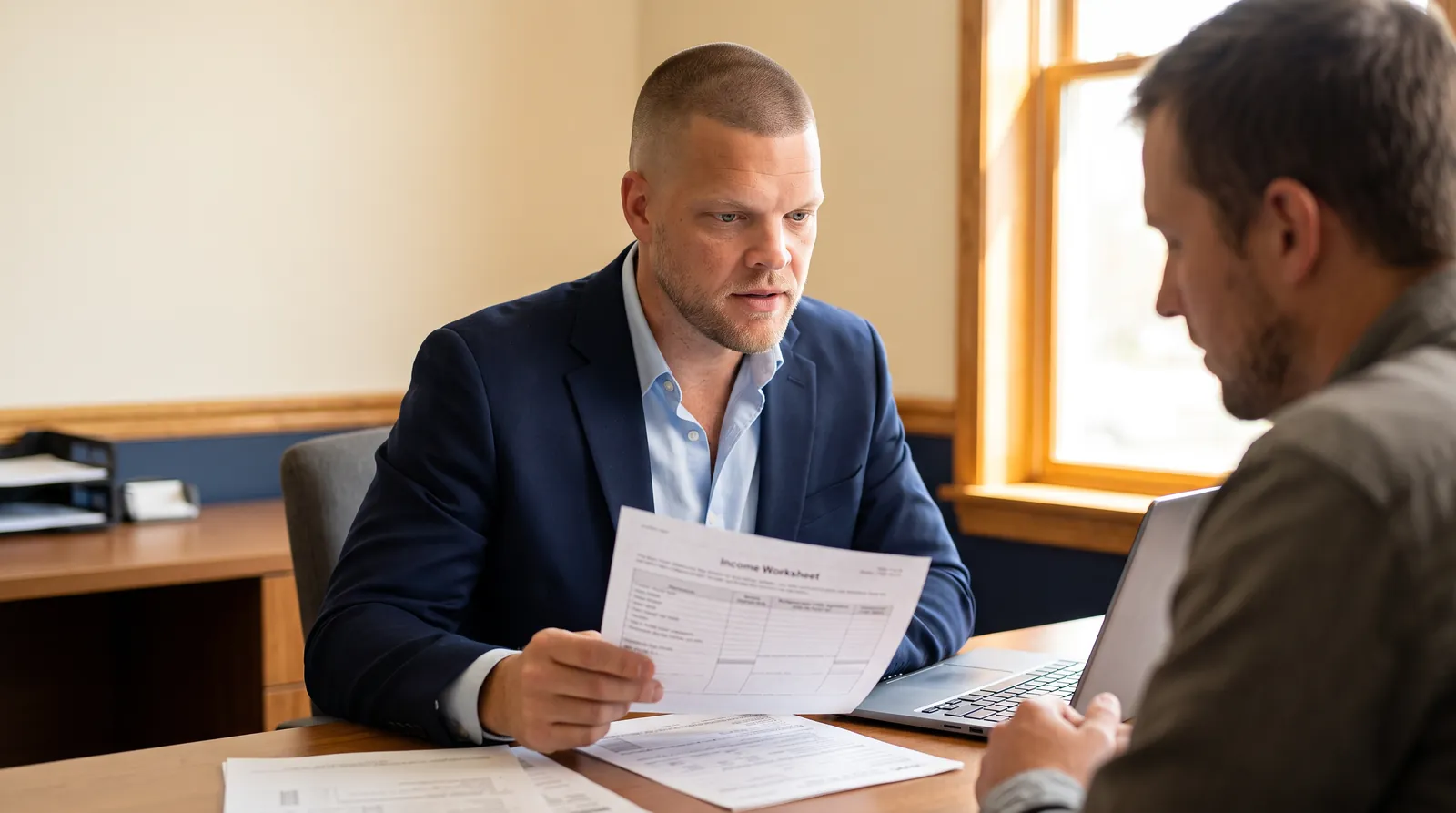 Mike Moore, a life insurance advisor, reviewing a printed income worksheet with a self-employed contractor client at a desk with a laptop and tax documents