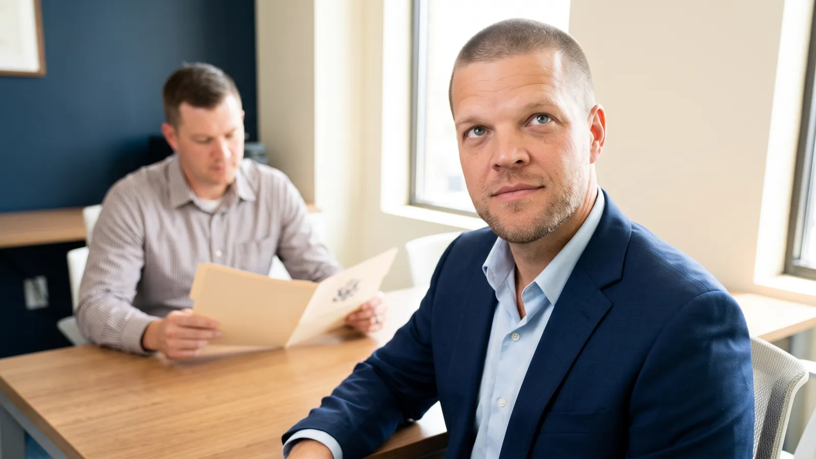 Mike Moore, a life insurance advisor, reviewing military discharge paperwork with a South Dakota veteran at his desk