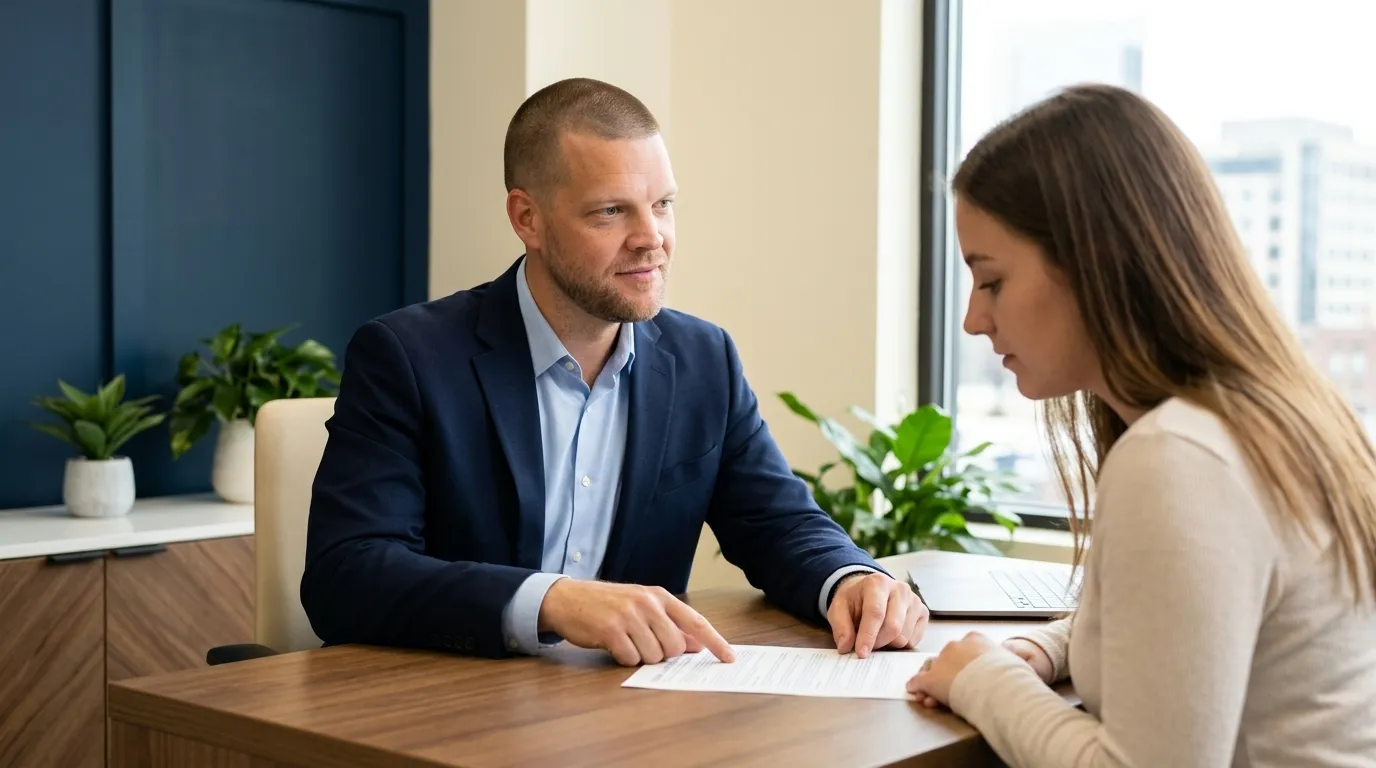 Mike Moore, a life insurance advisor, sitting across a desk from a young single client reviewing paperwork in a bright office with River Navy accent walls