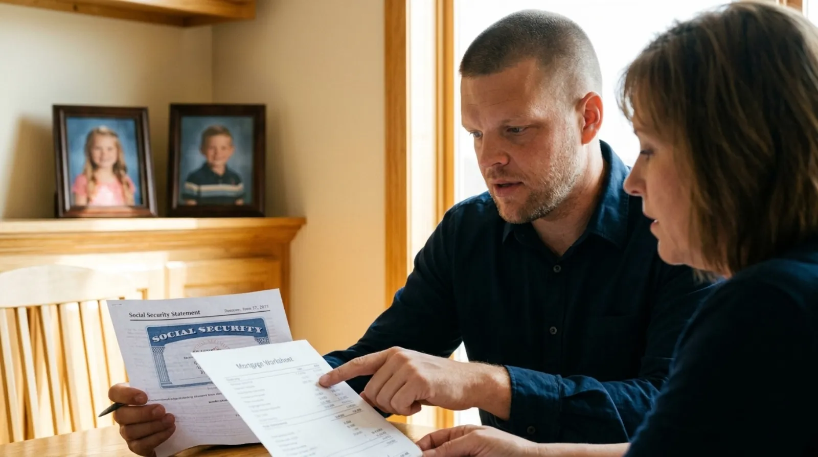 Mike Moore, a life insurance advisor, reviewing a Social Security statement and a mortgage worksheet with a South Dakota parent at a kitchen table