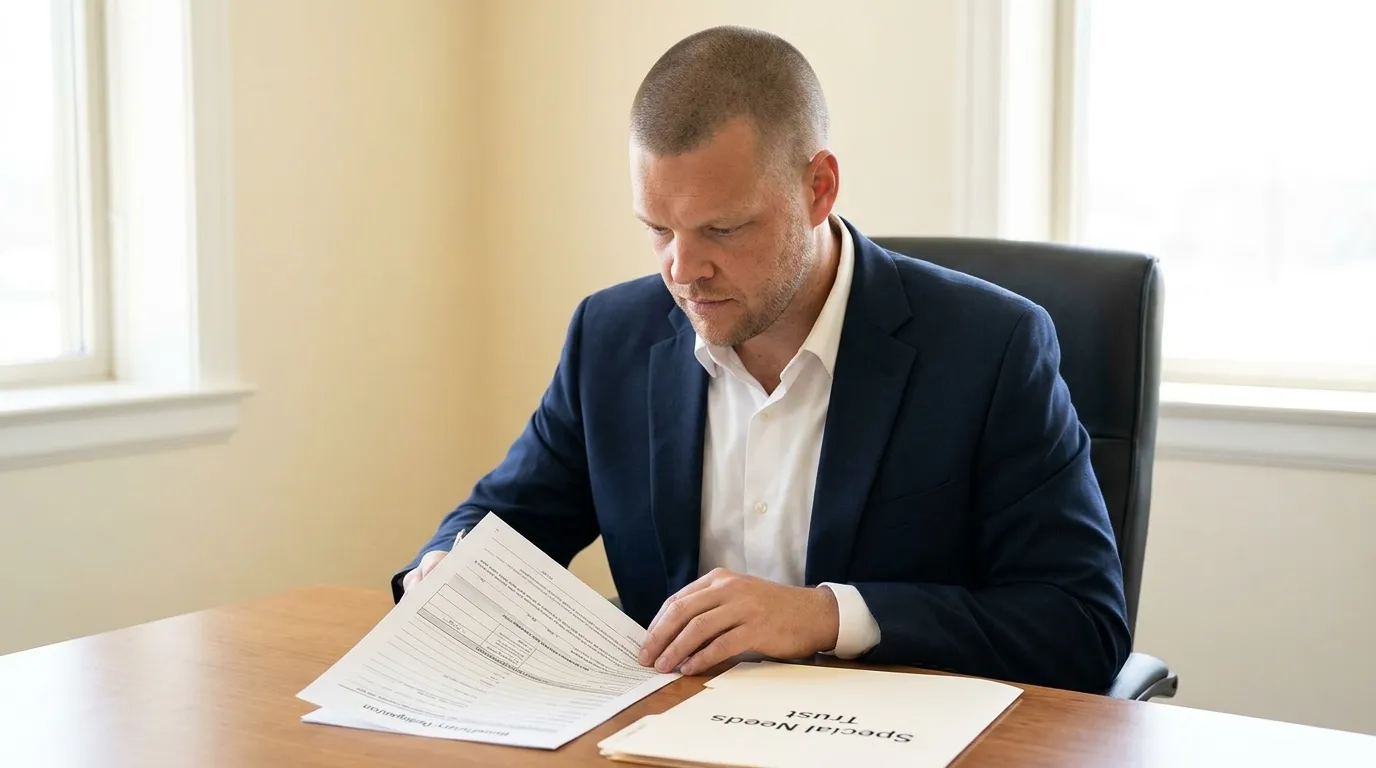 Mike Moore, life insurance advisor at Big Sioux Life, reviewing a beneficiary designation form with a special needs trust document at his desk in Sioux Falls