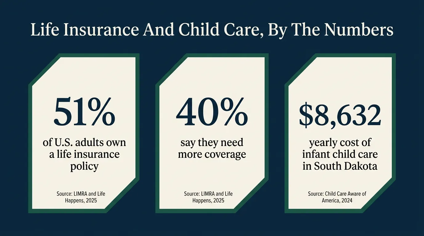 Stat card titled What a Stay-at-Home Parent's Work is Worth showing three figures: 51 percent of American adults have some life insurance, 40 percent say they need more coverage representing about 100 million adults, and 8,632 dollars average yearly cost of infant center-based child care in South Dakota, sourced to LIMRA and Life Happens 2025 Insurance Barometer Study and Child Care Aware of America 2024