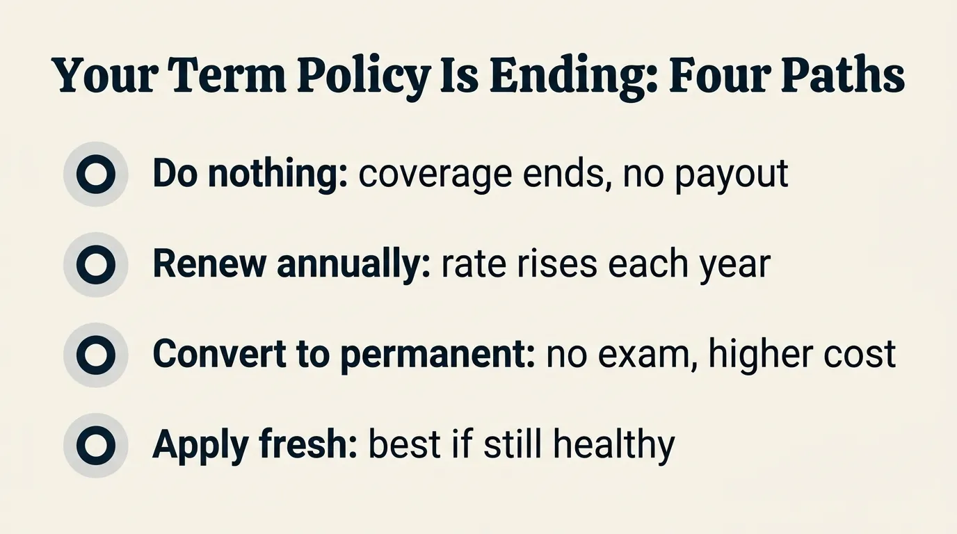 Decision-flow infographic titled 'Your Term Policy Is Ending: Four Paths' showing four boxes: do nothing and the policy lapses with no payout; renew annually at a rising attained-age rate if the policy allows it; convert to a permanent policy at your current age, usually with no exam; or apply for a new individual policy while you are still healthy, often the lowest-cost option for someone in good health