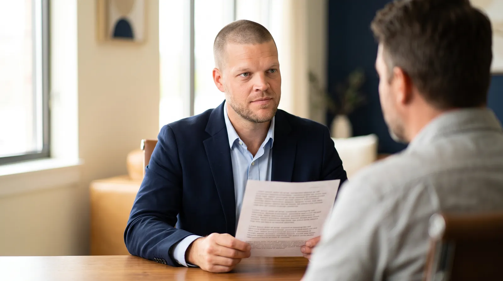 Mike Moore, a life insurance advisor, reviewing an expiring term life insurance policy document with a South Dakota client at his desk