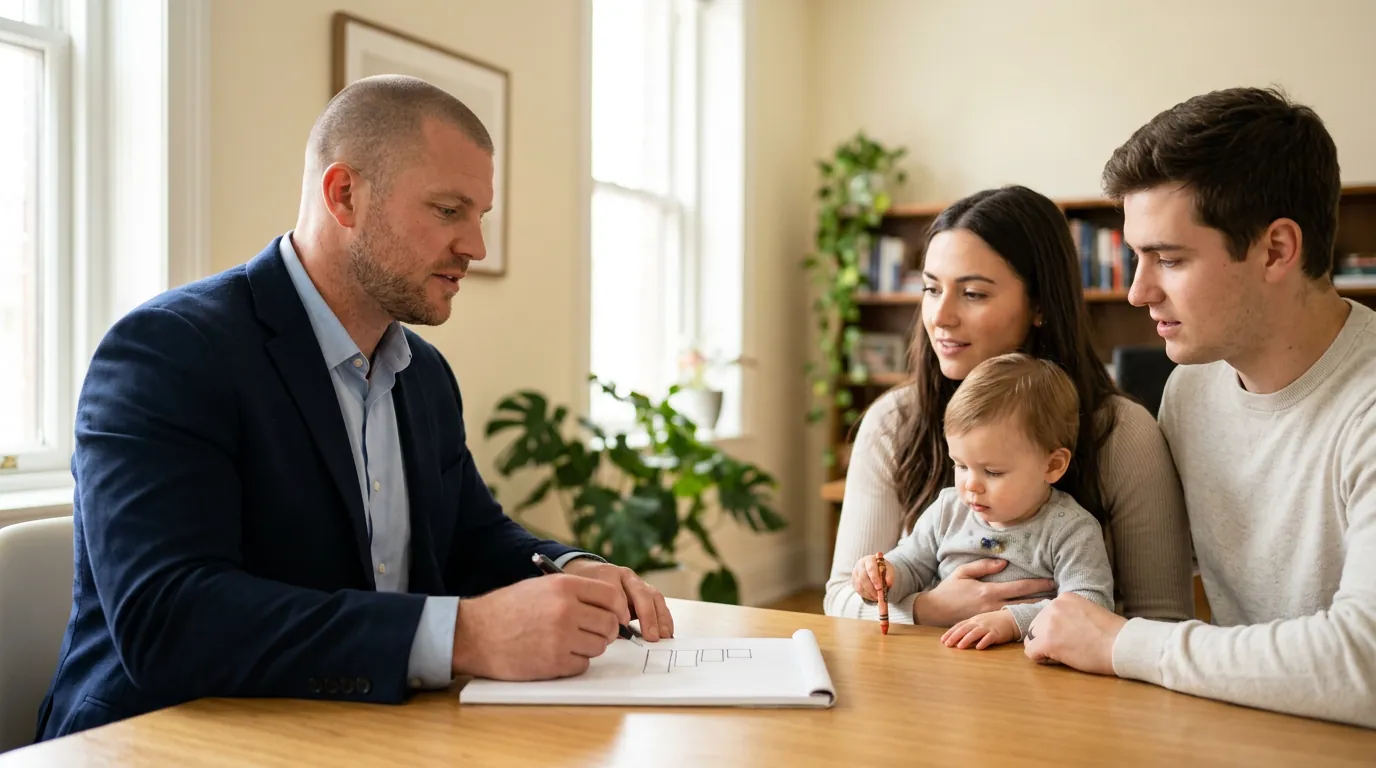 Mike Moore of Big Sioux Life sketching a staircase of staggered term policies on a notepad for a young couple holding their toddler