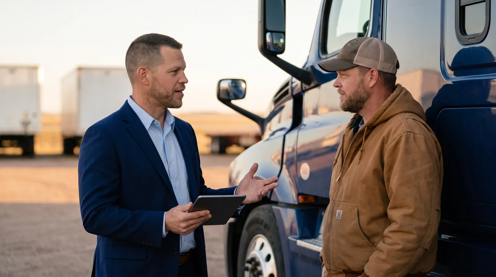 Mike Moore, a life insurance advisor, reviewing a life insurance application with a South Dakota truck driver beside a parked semi truck at a Sioux Falls freight yard