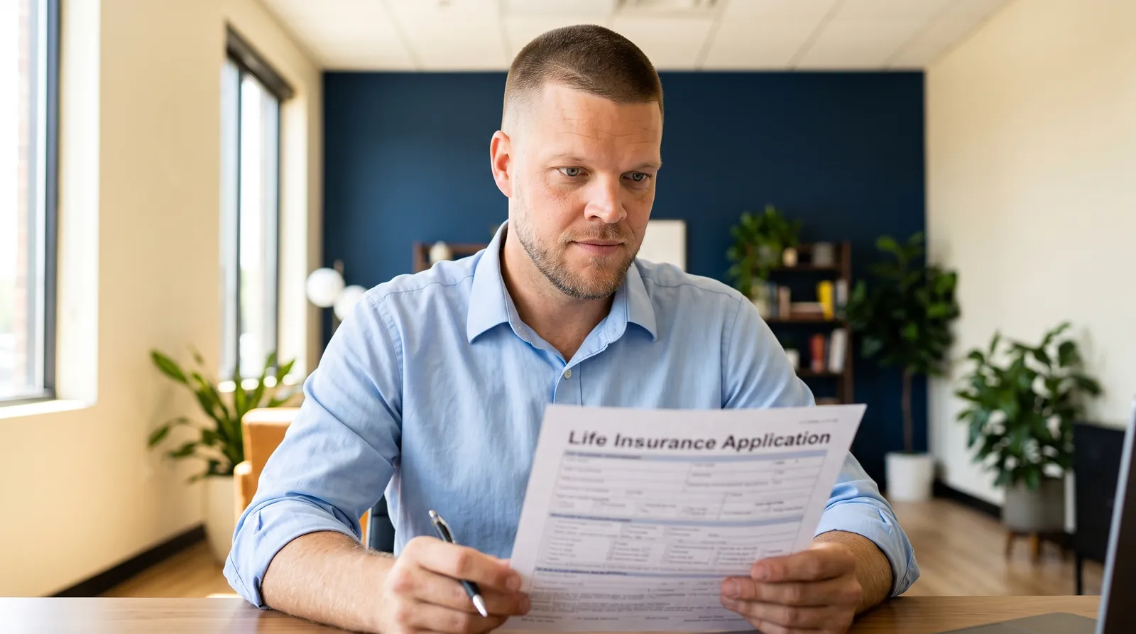 Mike Moore, a life insurance advisor, reviewing a life insurance application at his desk in a bright office with River Navy accent walls